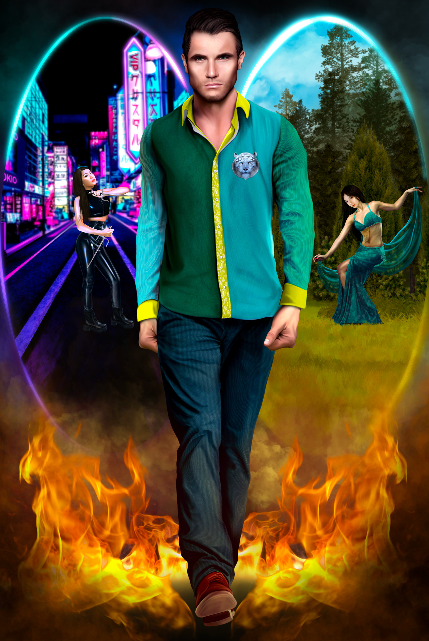 Dalton Graham with Umi and Kitzu, illustration by Amanda M