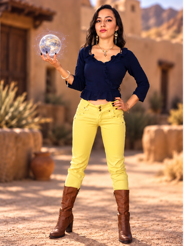 Dayana Cellis as Feliza holding a swirling magical orb in a desert adobe courtyard