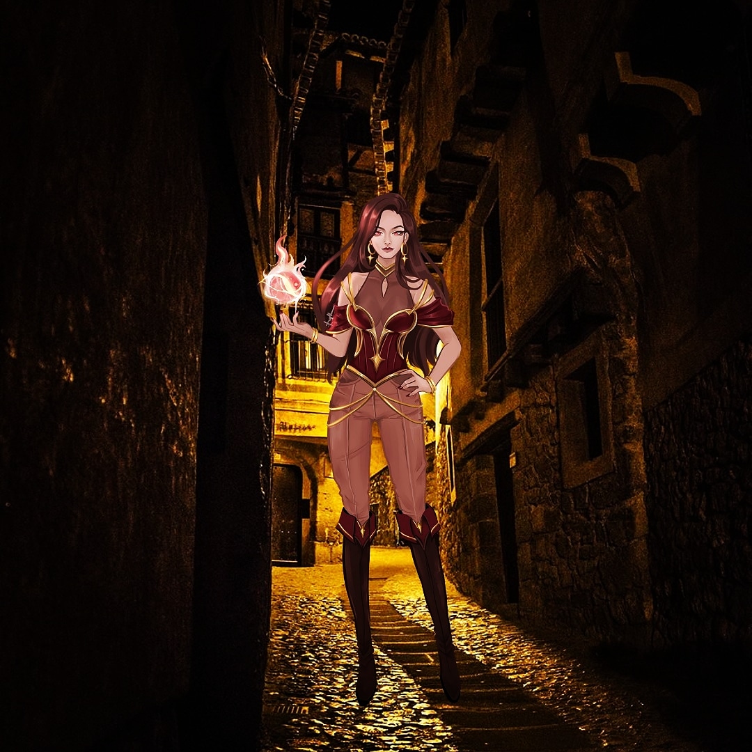 Feliza conjuring magical fire, illustration by Acylle Reston