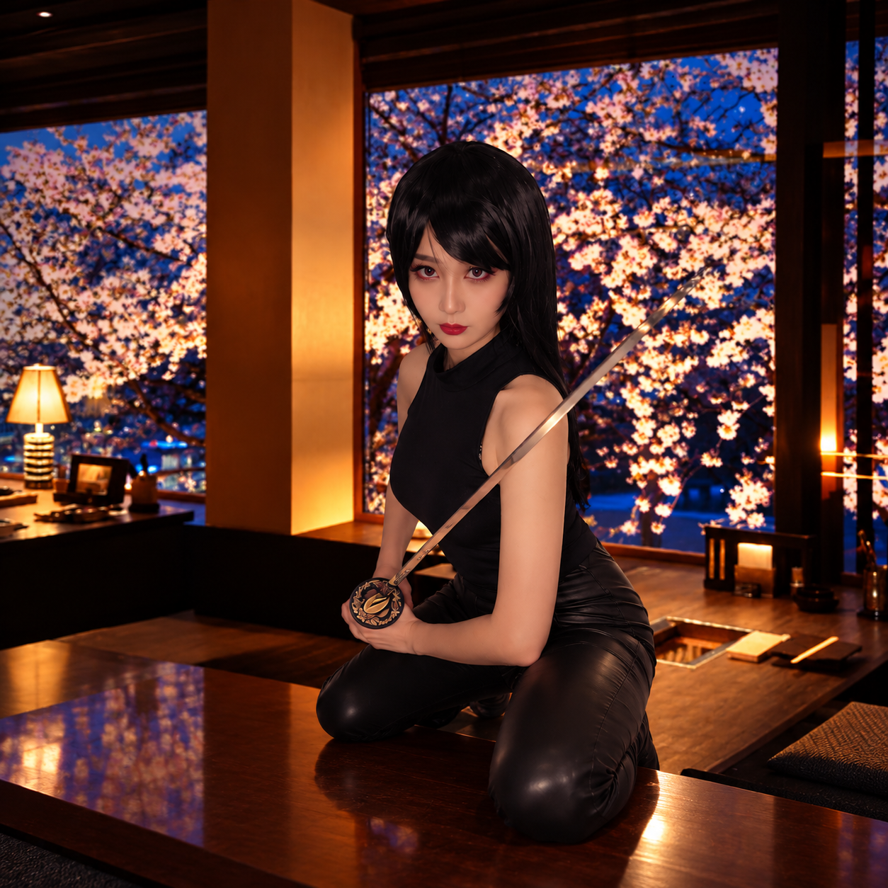 Hanami Nyan as Umi kneeling on a polished wooden table holding a sword in a warmly lit Japanese-style room