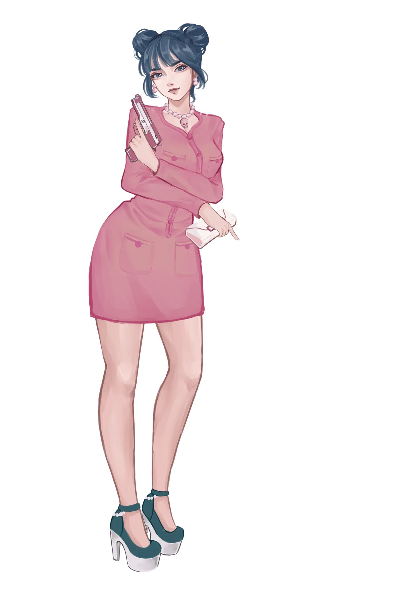 Kitzu holding a pistol, illustration by Acylle Reston