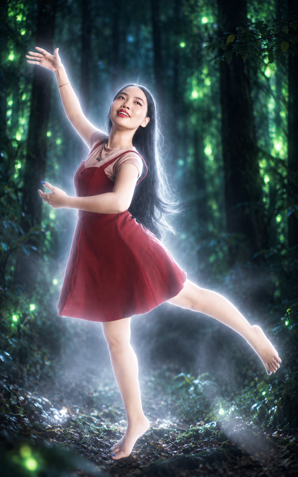 Kristin Natalis as Kitzu dancing in a night forest with softly glowing green trees and ghostly white light