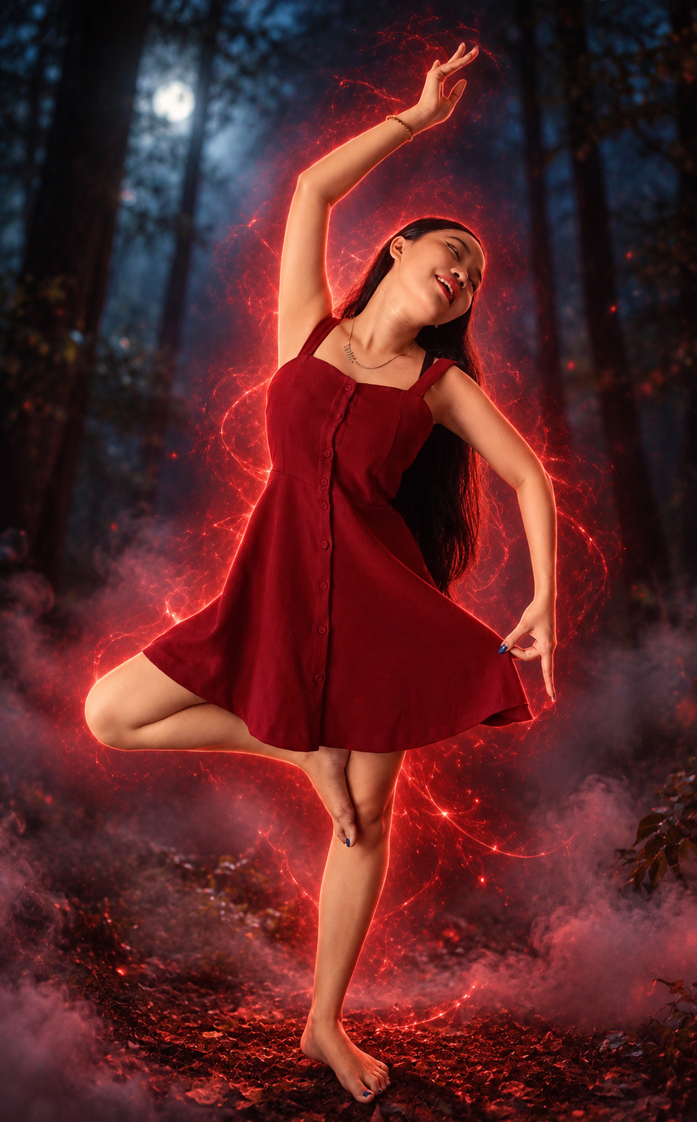 Kristin Natalis as Kitzu dancing in a moonlit forest surrounded by a glowing red magical aura