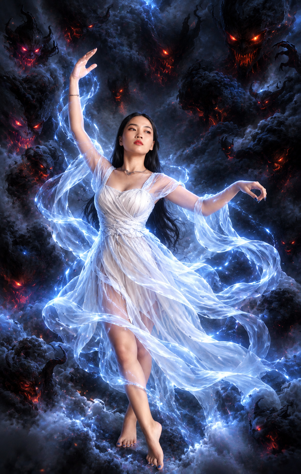 Kristin Natalis as Kitzu dancing in a flowing white dress amid dark clouds, blue magical sparks, and demonic eyes
