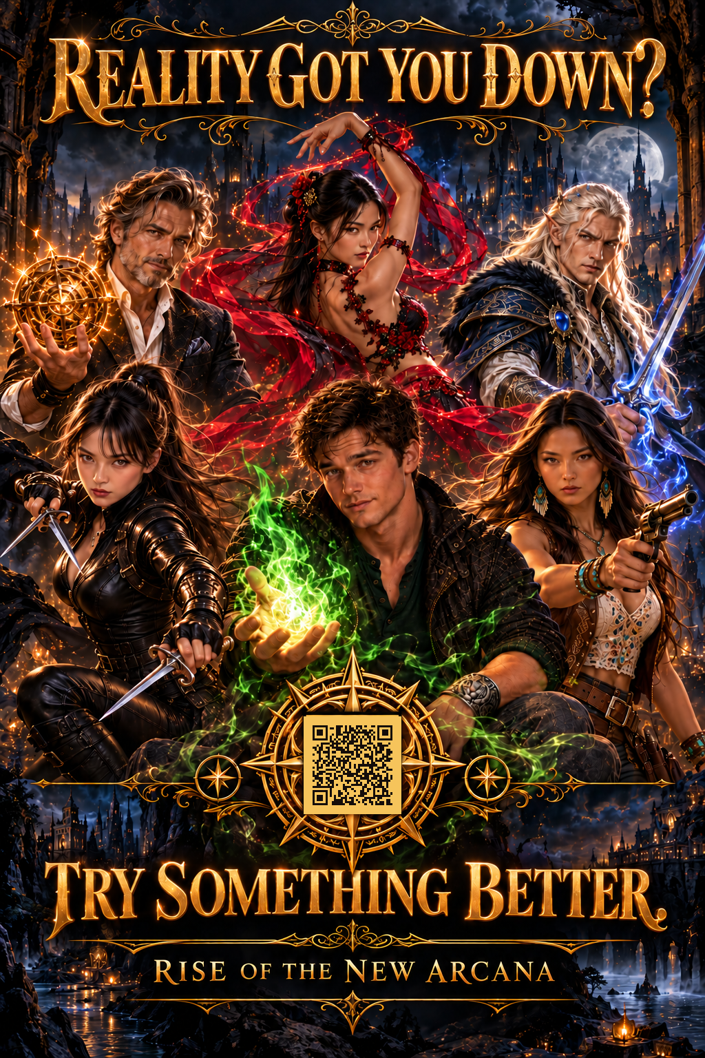 Six characters of Rise of the New Arcana in a moonlit fantasy city beneath the words Reality Got You Down?