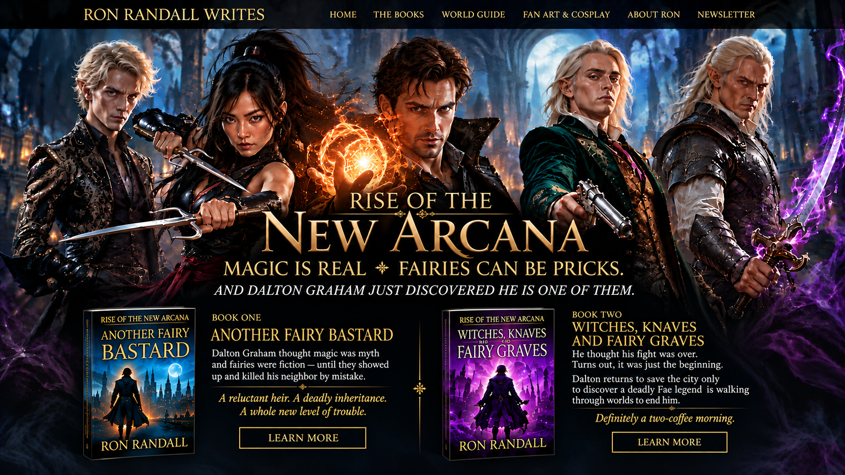Rise of the New Arcana: three Fae lords, Dalton Graham and Umi against a magical cityscape.