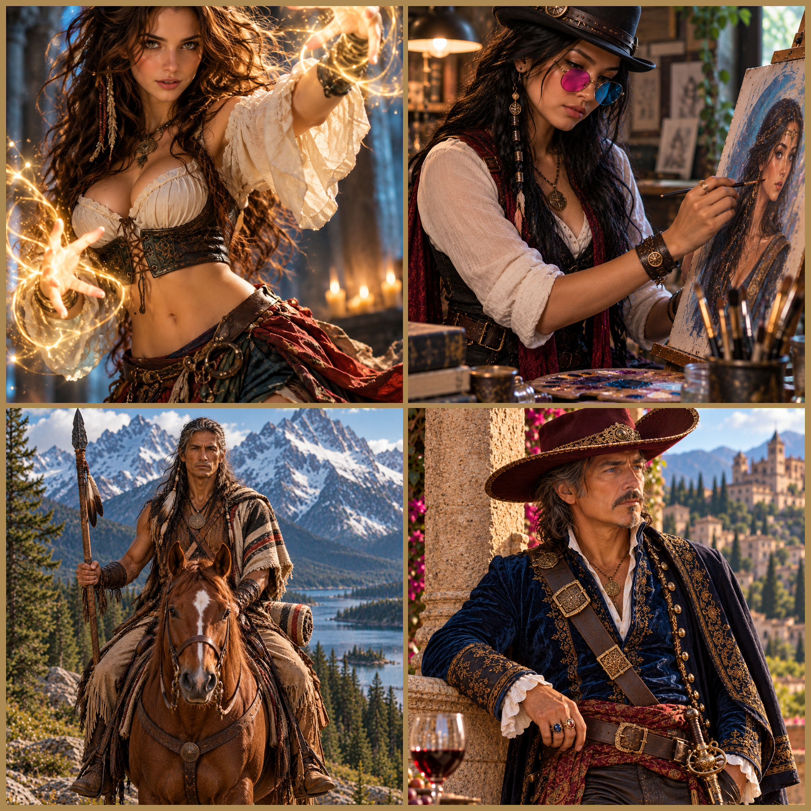 Four-image collage featuring Feliza, AYCE, Jeva and Eduardo from Rise of the New Arcana