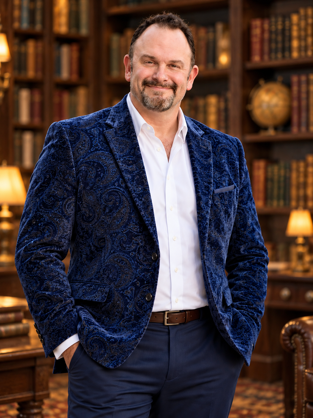 Ron Randall wearing a blue paisley velvet sport coat in a library