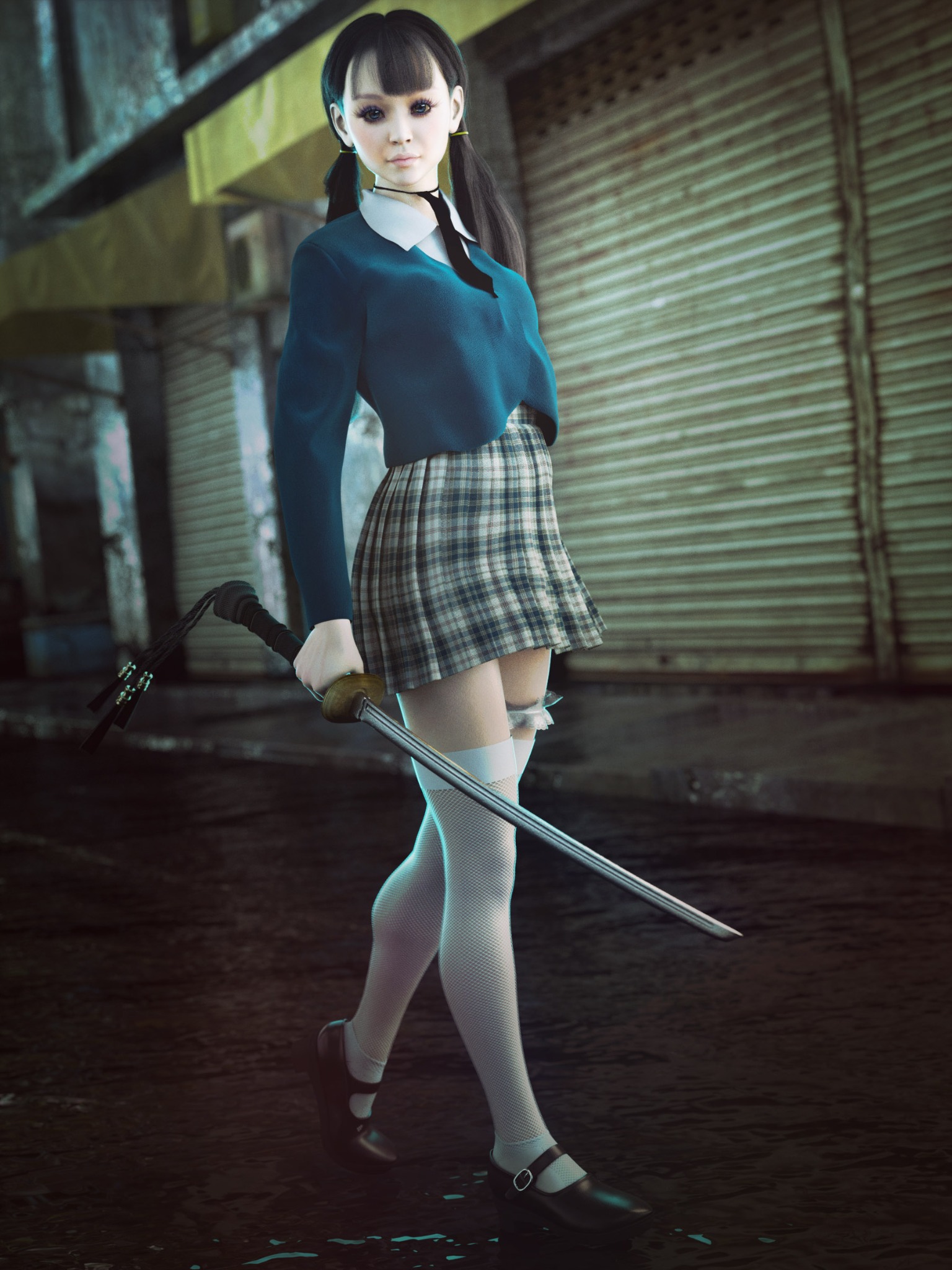 Umi in plaid skirt with sword by La Muserie